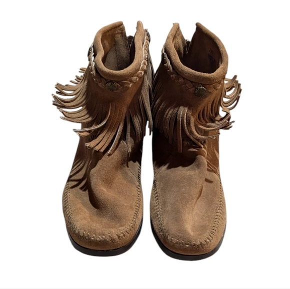 Minnetonka Hi Top Back Zip Hard Bottom Ankle Boot Brown Tan 9.5 - Picture 3 of 6